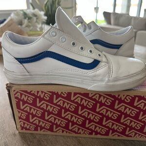 Vans Kids White Sneakers with Blue Stripe